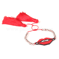 Pulsera de eslabones de labios de semillas miyuki con doble borla, pulsera de moda ajustable para mujer, rojo, 11 pulgada (28 cm)