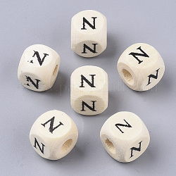 Perles de bois naturel imprimées, trou horizontal, cube avec la lettre initiale, papayawhip, letter.n, 10x10x10mm, Trou: 3.5mm