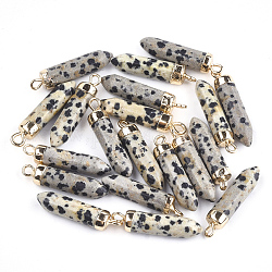 Plaquer pendentifs pointus jasper naturel dalmatien, avec les accessoires en fer, balle, or, 24~25x5.5~6x5.5~6mm, Trou: 1.6mm