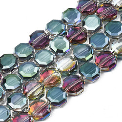 Hebras de perlas de vidrio translúcido electrochapado, medio chapado, facetados, octágono, cadete azul, 7~8x7~8x4mm, agujero: 1.2 mm, aproximamente 72 pcs / cadena, 20.47 pulgada (52 cm)