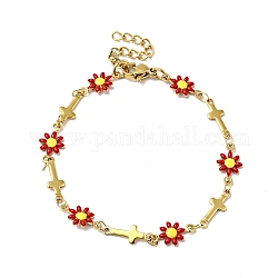 Fiore smaltato e bracciale a catena a maglie incrociate, placcato oro 304 gioielli in acciaio inossidabile per le donne, rosso, 6-5/8 pollice (16.9 cm)