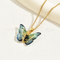 Collana con pendente a farfalla in plastica con catene in acciaio inossidabile dorato, verde acqua, 13.78 pollice (35 cm)