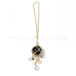 Natural Obsidian with Rack Plating Brass Pendants Decorations, Plastic Imitation Pearl and Glass Beads, Cadmium Free & Lead Free, Round, 7-5/8 inch(19.5cm)