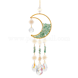 Crystal Chandelier Glass Teardrop Pendant Decorations, Hanging Sun Catchers, with Natural Aventurine Chips Beads, for Home Decoration, Sun & Moon, Golden, 436mm