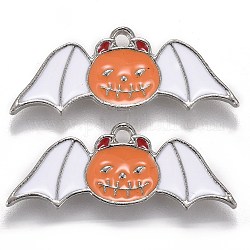 Halloween-Thema Legierung Emaille Anhänger, orange Kürbisfledermaus mit Teufelshörnern & weißen Flügeln, Platin Farbe, 10x26.5x1.5 mm, Bohrung: 1.6 mm