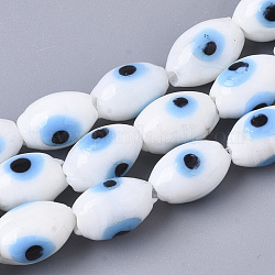 Handmade Evil Eye Lampwork Beads Strands, Rice, White, 8~9x13~14mm, Hole: 1.8mm, about 30pcs/strand, 15.16 inch(38.5cm)