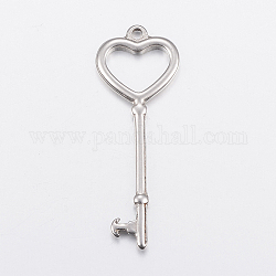304 Stainless Steel Big Pendants, Key with Heart, Stainless Steel Color, 50x18x2mm, Hole: 2.5mm