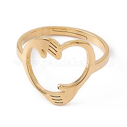 Chapado en iones (ip) 201 anillo ajustable de corazón de abrazo de mano de acero inoxidable para mujer, real 18k chapado en oro, nosotros tamaño 6 (16.5 mm)
