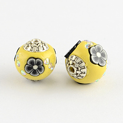 Round Handmade Indonesia Beads, with AB Color Rhinestones, Polymer Clay Flower and Alloy Cores, Antique Silver, Yellow, 15x14mm, Hole: 1.5mm