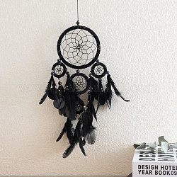 Toile/filet tissé avec des décorations de pendentifs en plumes, avec cordon en polyester et trouvaille en fer, noir, 460x160x5mm