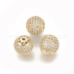 Brass Micro Pave Cubic Zirconia Beads, Round, Clear, Golden, 10mm, Hole: 1mm