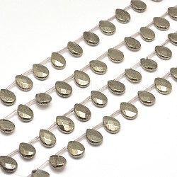 Tropfen natürliche Pyritperlen Stränge, oben gebohrte Perlen, facettiert, 14x10x6 mm, Bohrung: 1 mm, ca. 26 Stk. / Strang, 15.7 Zoll