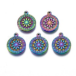 Ion Plating(IP) 304 Stainless Steel Pendants, Flat Round with Flower, Rainbow Color, 18x15x2.5mm, Hole: 1.4mm