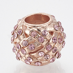 Aleación Diamante de imitación abalorios europeas, Abalorios de grande agujero, rerondana plana, oro rosa, rosa luz, 11.5x10mm, agujero: 5 mm