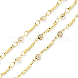 Real 18K Gold Plated Brass Flat Round & Bar Link Chains, with Glass Beaded, Soldered, with Spool, Clear, 8.5x2x1mm, 8x4x2mm, about 32.81 Feet(10m)/Roll