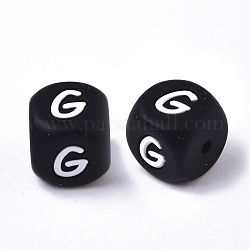 Food Grade Eco-Friendly Silicone Beads, Horizontal Hole, Chewing Beads For Teethers, DIY Nursing Necklaces Making, Cube, Black, Letter.G, 12x12x12mm, Hole: 2mm
