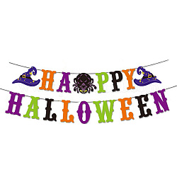Drapeaux en papier thème halloween, mot joyeux halloween et araignée bannières suspendues, pour les décorations de fête, orange, 138~147x86~182x0.2mm