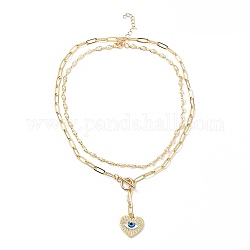 Necklaces Sets, with Brass Micro Pave Clear Cubic Zirconia Pendants, Glass Pearl Beads, 304 Stainless Steel Toggle Clasps, Brass Paperclip Chains and Spring Ring Clasps, Heart with Eye, Golden, White, 15-3/8 inch(39cm) and 17-3/4 inch(45cm), 2pcs/set