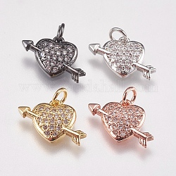 Brass Micro Pave Cubic Zirconia Charms, Heart, Mixed Color, 13x8x3mm, Hole: 2mm