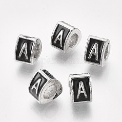Metall Großlochperlen, Schmelz-Stil, Großloch perlen, Dreieck mit Buchstaben, Platin Farbe, Schwarz, letter.a, 9.5x9x6.5 mm, Bohrung: 5 mm