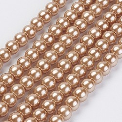 Hebras de perlas de vidrio teñidas ecológicas, Grado A, redondo, cordón de algodón rosca, bronceado, 6mm, agujero: 1.2~1.5 mm, aproximamente 70 pcs / cadena, 15.7 pulgada
