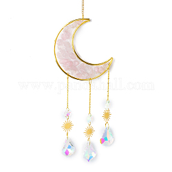 Décoration pendentif lune en copeaux de quartz rose naturel, attrape-soleil suspendus, avec breloque en forme de larme de verre, pour la décoration de jardin à la maison, 400mm