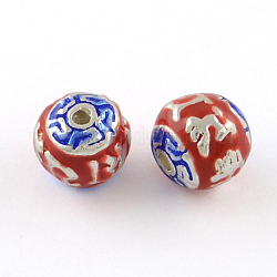 Alloy Enamel Beads, Round, Silver, Red, 10x9mm, Hole: 1.5mm