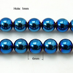 Chapelets de perles en hématite synthétique sans magnétiques, bleu plaqué, ronde, bleu plaqué, 6mm