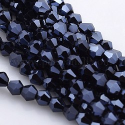 Bicone facetas cuentas de vidrio electroplate hebras, completo hematita chapado, azul medianoche, 4x4mm, agujero: 1 mm, aproximamente 92~96 pcs / cadena, 13.78~14.37 pulgada