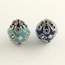 Round Handmade Rhinestone Indonesia Beads, with Antique Silver Plated Alloy Cores, Mixed Color, 19~20x21~24mm, Hole: 2.5mm