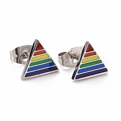 Pride style 201 boucles d'oreilles en acier inoxydable, avec écrous en émail et alliage, triangle, colorées, couleur inoxydable, 8x9.5mm, pin: 0.7 mm