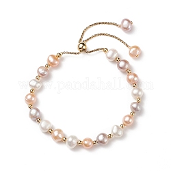 Dyed Natural Pearl & Brass Round Beaded Slider Bracelet, Adjustable Bracelet with Golden 304 Stainless Steel Box Chains for Women, PeachPuff, Inner Diameter: 1-3/4~3 inch(4.5~7.5cm)