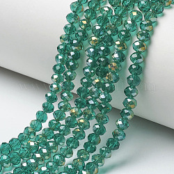Electroplate Transparent Glass Beads Strands, Half Rainbow Plated, Faceted, Rondelle, Medium Sea Green, 8x6mm, Hole: 1mm, about 65~68pcs/strand, 15.7~16.1 inch(40~41cm)