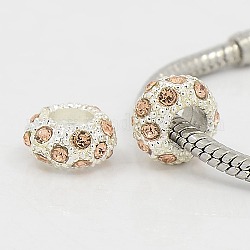 Alloy Rhinestone European Beads, Large Hole Beads, Rondelle, Silver Color Plated, Light Peach, 11x6mm, Hole: 5mm