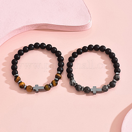 Set di braccialetti elasticizzati con perline miste naturali da 2 pezzo e 2 stili, Braccialetti con coppia di croci in ematite sintetica, diametro interno: 2-3/8~3-1/8 pollice (6~8 cm), 1pc / style