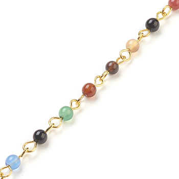Handmade Natural Agate Beaded Chains, Unwelded, with Brass Needle, Golden, 4~4.5mm, 39.37 inch, 1m/strand