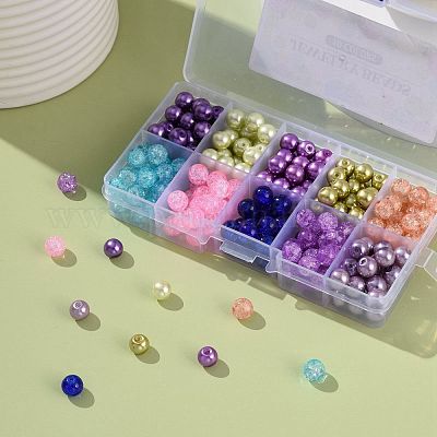 Lavender Garden Mixed Crackle Glass & Glass Pearl Bead Sets, Round, Mixed  Color, 8~8.5x7.5~8mm, Hole: 1mm, about 19~20pcs/compartment, 190~200pcs/box