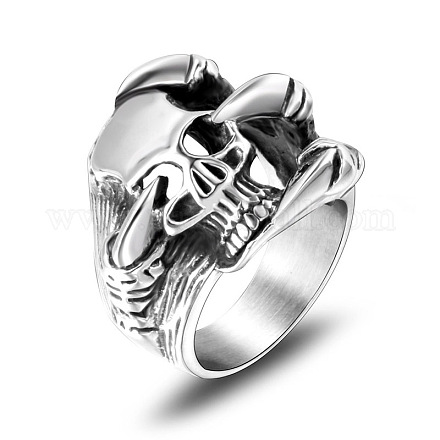 チタン鋼の頭蓋骨と爪の指輪  男性女性のためのゴシックパンクジュエリー  ステンレス鋼色  usサイズ10（19.8mm） SKUL-PW0002-031D-P-1