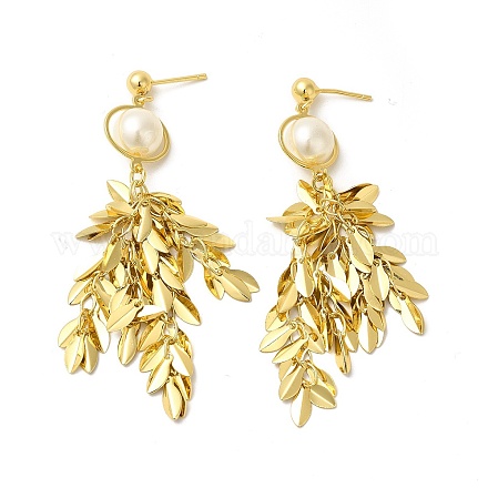 Boucles d'oreilles pendantes perle abs avec branches feuillues EJEW-E270-13G-1