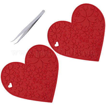 GORGECRAFT 2pcs Silicone Doming Mat Heart with Flower Pattern Trivet Mat Hot Plate Holder Red Heat Resistant Synthetic Rubber Pads Kitchen Tool with Tweezer for Epoxy Resin Crafts Supplies AJEW-GF0008-30-1