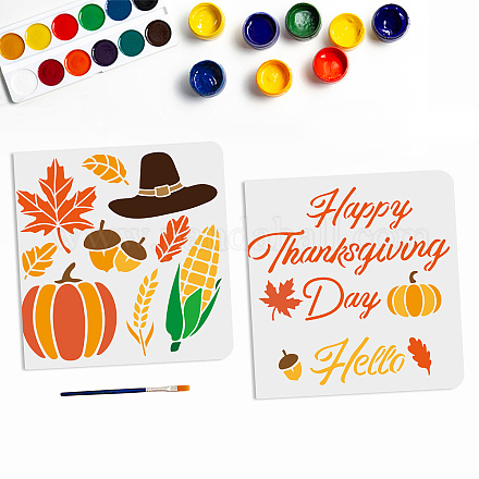 MAYJOYDIY 2pcs Thanksgiving Stencils Fall Stencils Pumpkin Autumn Maple Leaf Corn Template Happy Thanksgiving Day Hello Text 11.8×11.8inch with Paint Brush for Floor Wall Furniture DIY-MA0001-58-1