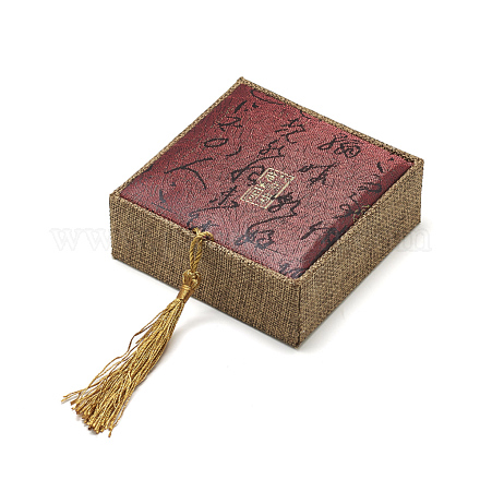 木製のブレスレットボックス  ナイロンコード房付き  正方形  ダークチソウ  10x10x4cm OBOX-Q014-05-1