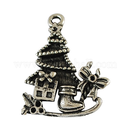 Slitta in lega tibetana con albero e regalo di Natale dello smalto pendenti X-PALLOY-4128-AS-FF-1