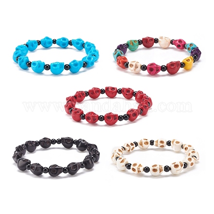 Natural Mashan Jade Skull & Synthetic Turquoise(Dyed) Beaded Stretch Bracelet BJEW-JB08377-1