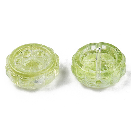 透明なスプレー塗装ガラスビーズ  足跡のある花  黄緑  15x15x5.5mm  穴：1.2mm GLAA-N035-037-C03-1