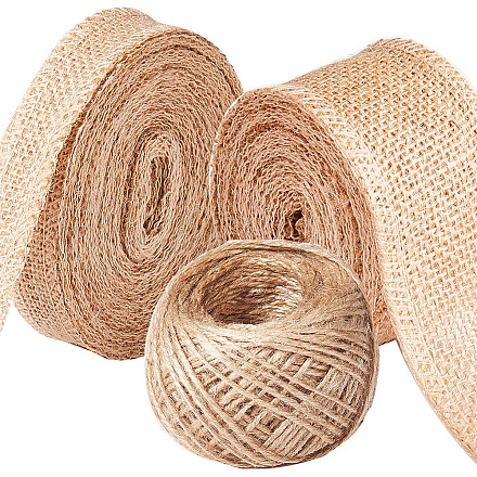 SUNNYCLUE Burlap Ribbon Set with 1-2 Inch Burlap Fabric Craft Ribbon 1 Rolls of Natural Burlap Fabric Ribbon and Natural Jute Twine String Rolls for DIY Craft Wedding Event Part Gift Decor Supplies OCOR-SC0001-03-1