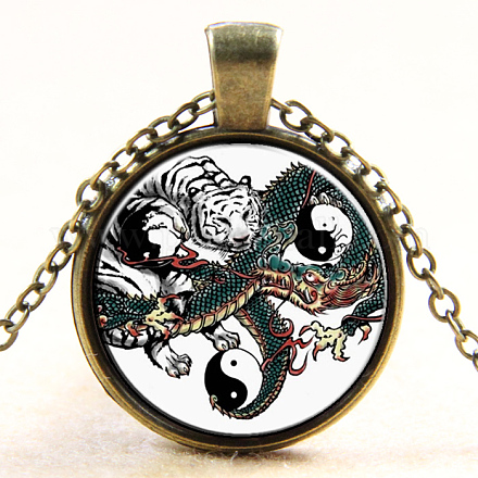 Collares con colgante de vidrio redondo plano con patrón de dragón y tigre feng shui yin yang NJEW-N0051-010U-01-1