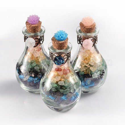 ガラス瓶表示装飾  内部の宝石チップビーズと  コルク栓と樹脂の花  ミックスカラー  96x49mm G-JB00001-1