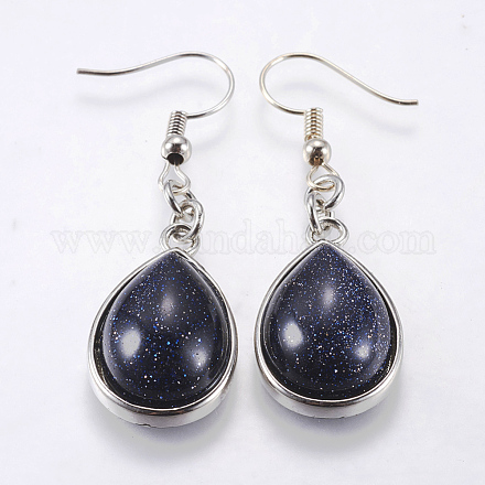 Synthetic Blue Goldstone Dangle Earrings EJEW-P143-A01-1