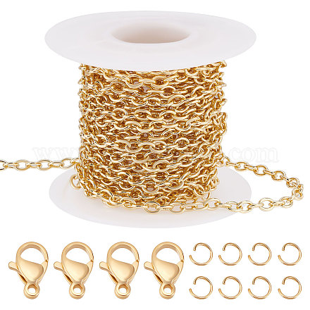 Beebeecraft 16.4 Feet Brass Cable Chains 18K Gold Plated Flat Oval Links Chain with 20 Lobster Claw Clasps and 50 Jump Rings for Necklace Earring Bracelet Making DIY-BBC0001-16-1